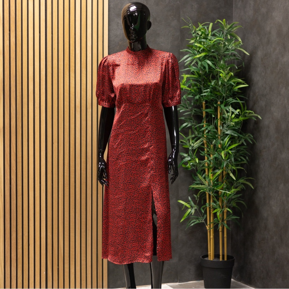 New Look Red Satin Cheetah Maxi Dress, Size 8